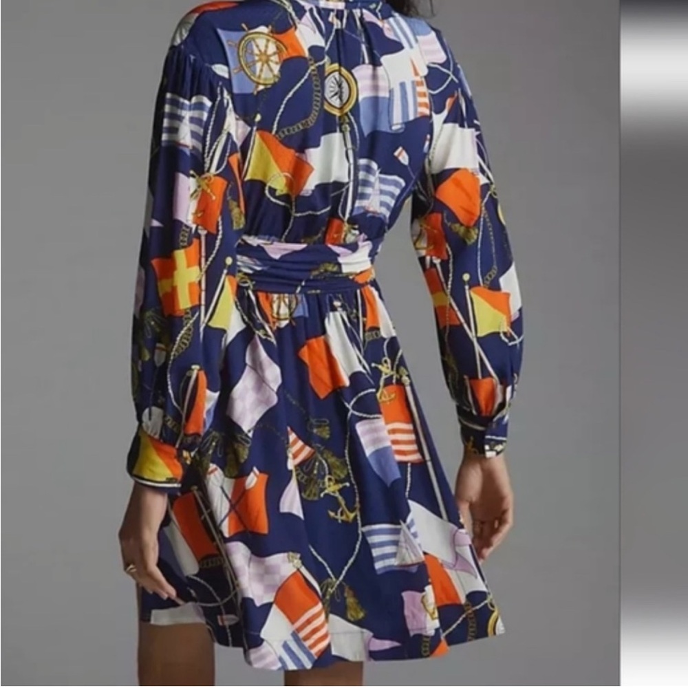 Anthropologie Maeve L Nautical Print Navy Multicolor Colorful  Mini Shirt Dress - Picture 10 of 11